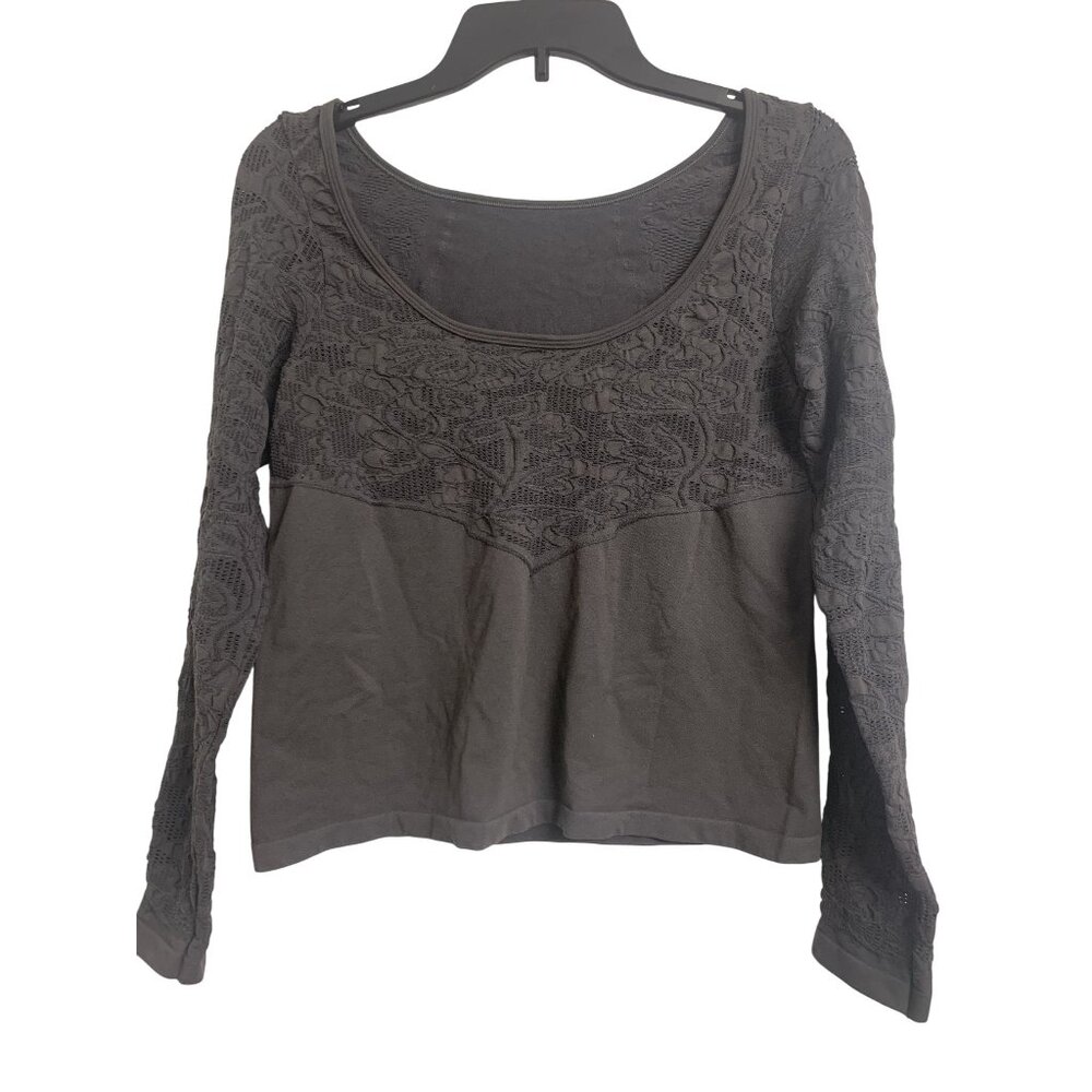 Anthropologie L Embroidered Scoop Neck Gray Long Sleeve Top Minimalist‎